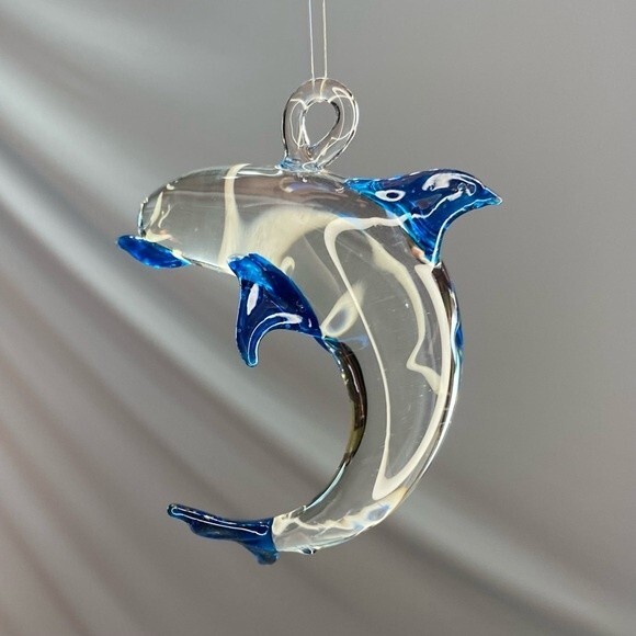 Dolphin Hand Blown Glass Clear & Blue Sun Catcher 2-5/8” x 3” Hanging Ornament - Picture 2 of 6